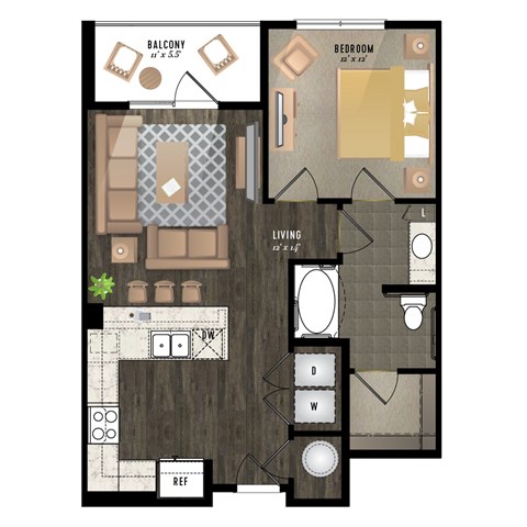 A floor plan of a house with a balcony, living room, and bedroom.